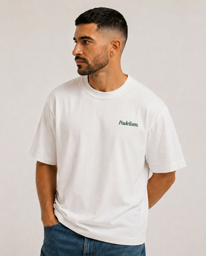 White heavyweight T-shirt with small chest "Padelism." logo