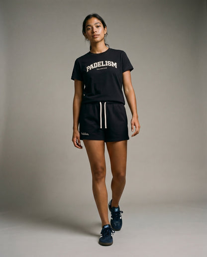 Black Padelism core shorts with elastic waistband and white drawstring