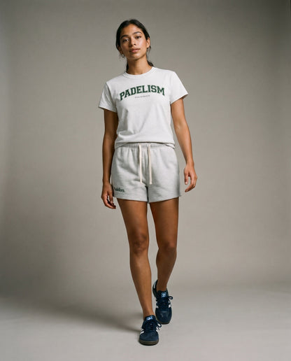 Padelism core shorts, light gray with drawstring waist and side pockets, standing view