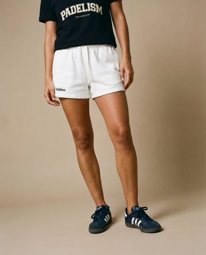 White Padelism core shorts with elastic waistband and visible drawstring