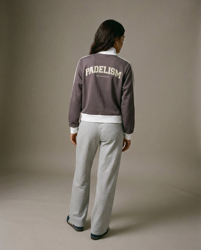 Plum purple track jacket, back view, with Padelism logo and white waist band
