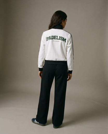 White track jacket (back view) with black collar trim and Padelism logo