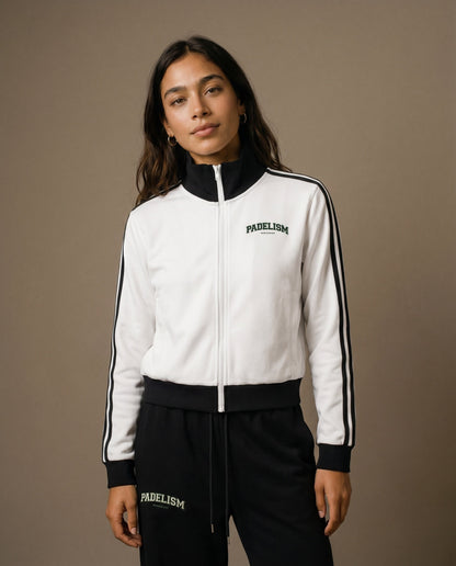 White track jacket with black cuffs, stand collar, and center front zipper
