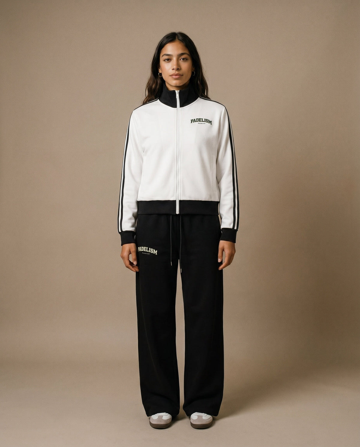 White track jacket with black trim and center front zipper, side stripe accents