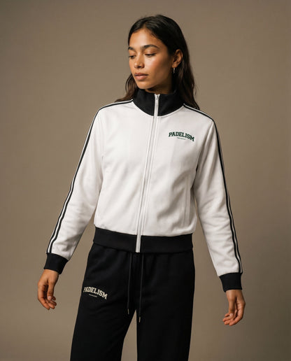 White track jacket with black collar and cuffs, front zipper, and Padelism logo