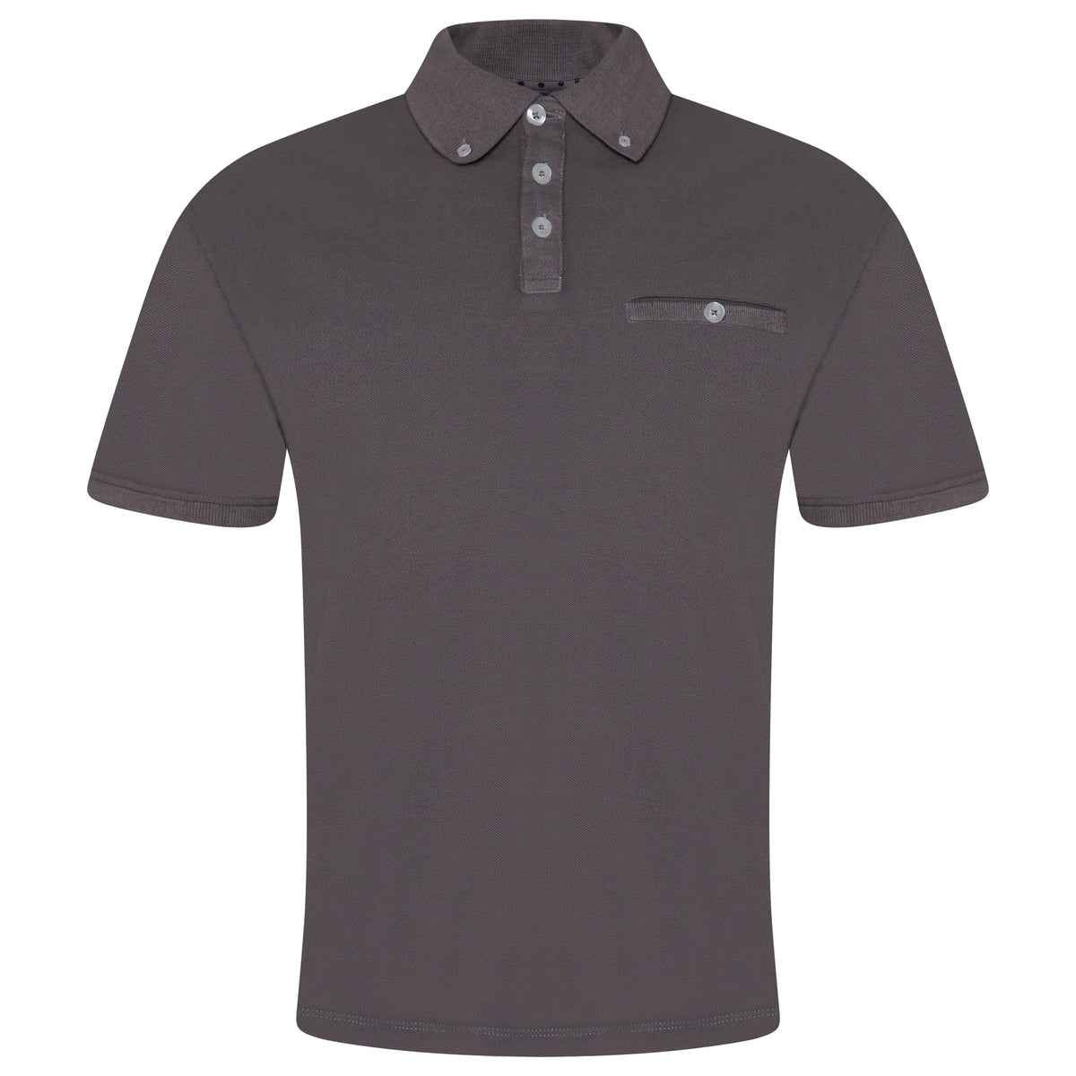Steel grey short sleeve polo shirt with button placket and chest pocket