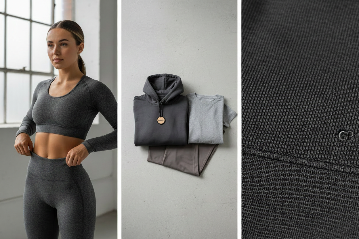 Premium editorial gymwear image set for GymBum UK, presented in a clean three-panel composition.

Panel 1 (Lifestyle Crop):
Cropped lifestyle shot of a female athlete wearing neutral GymBum ribbed or seamless gymwear (charcoal, stone, or soft grey). Relaxed, natural pose adjusting the garment slightly. Soft directional daylight, calm expression, realistic skin texture. Minimal background, studio or quiet interior.

Panel 2 (Product Flatlay):
Neatly stacked folded GymBum apparel (hoodie, leggings, tee) on a 