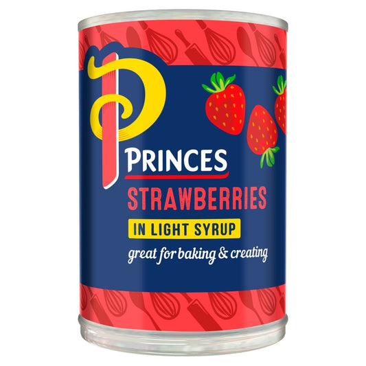 Princes light syrup strawberry canned fruit tin with illustrated label