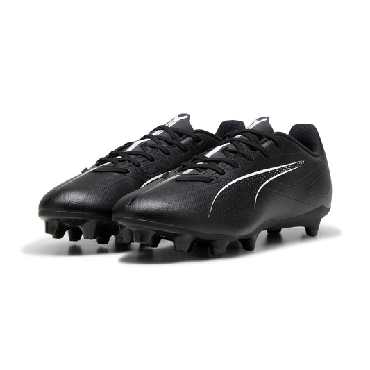Black football boots with white PUMA logo, FG/AG studs, lace-up pair
