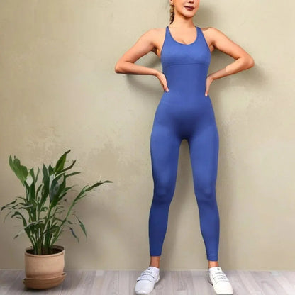 Womens quick-dry yoga jumpsuit with scoop neck, sleeveless, blue, full-length legs