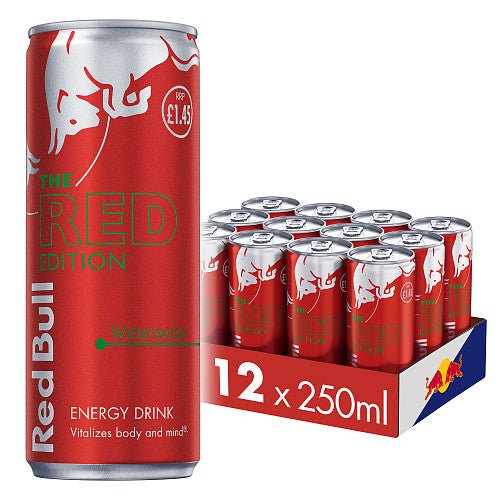 Red Bull Red Edition watermelon energy drink can and 12-pack, 250ml