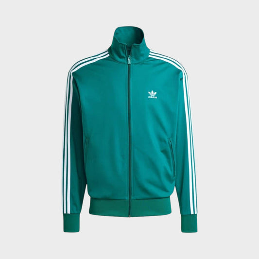 Teal track jacket with full zip, stand collar, and white adidas stripes