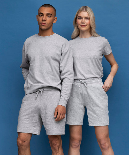 Heather grey unisex sweat shorts with drawstring elastic waistband and knee-length legs