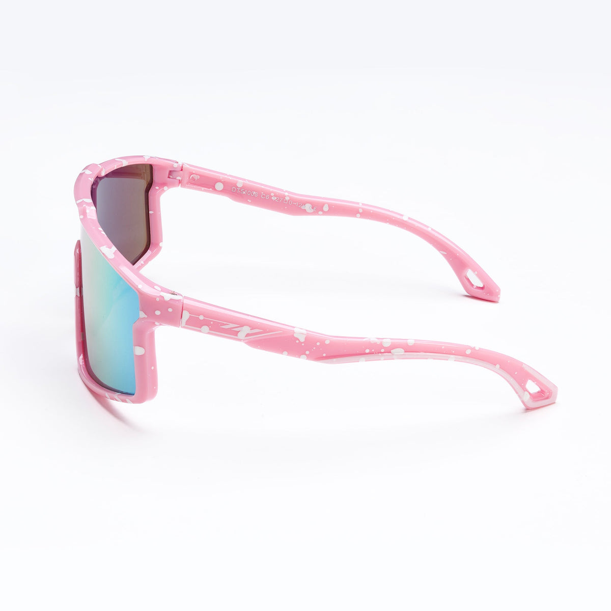 Youth polarized sunglasses, pink frame, side view with teal mirrored lenses