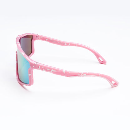 Youth polarized sunglasses, pink frame, side view with teal mirrored lenses