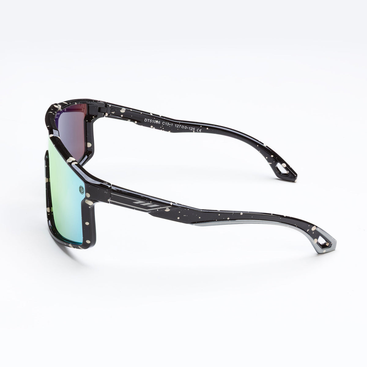 Youth polarized sunglasses, black speckled frame, side view with dark tinted lenses