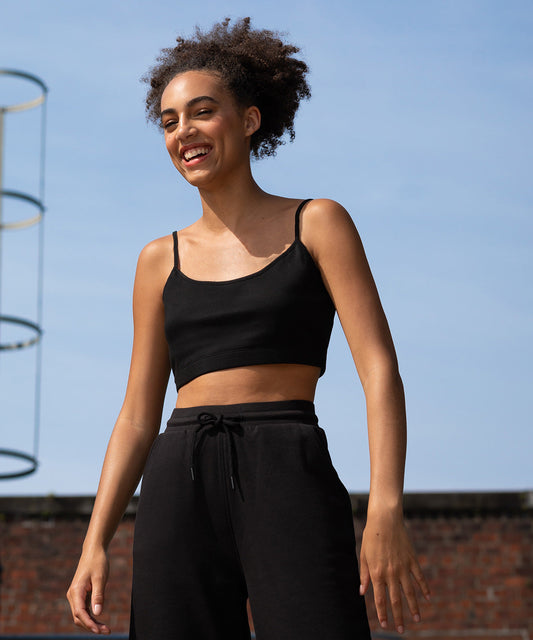 Black rPET cami top with adjustable straps and scoop neckline, cropped fit