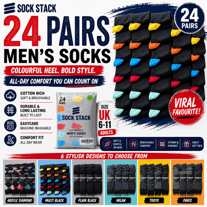 Sock Stack 24 Pairs Men's Cotton Colourful Heel Toe Black Argyle Diamond Easycare Comfortable Durable Shoe Socks For Work School Business Wear UK 6-11