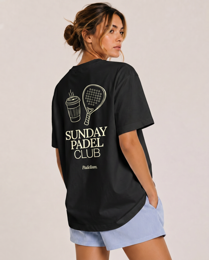 Heavyweight black t-shirt on model, crew neck, large back “Sunday Padel Club” graphic