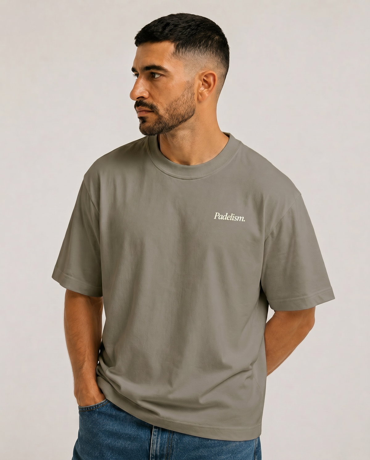 Gray heavyweight T-shirt with crew neck and small chest logo print