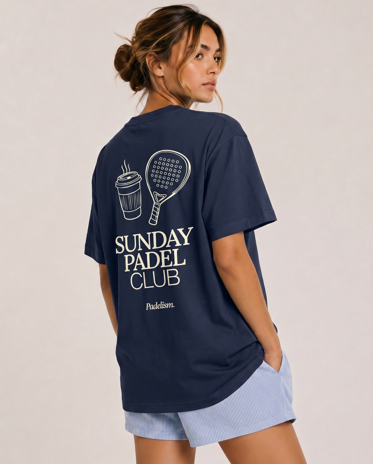 Navy heavyweight T-shirt back view with large club graphic and crew neck
