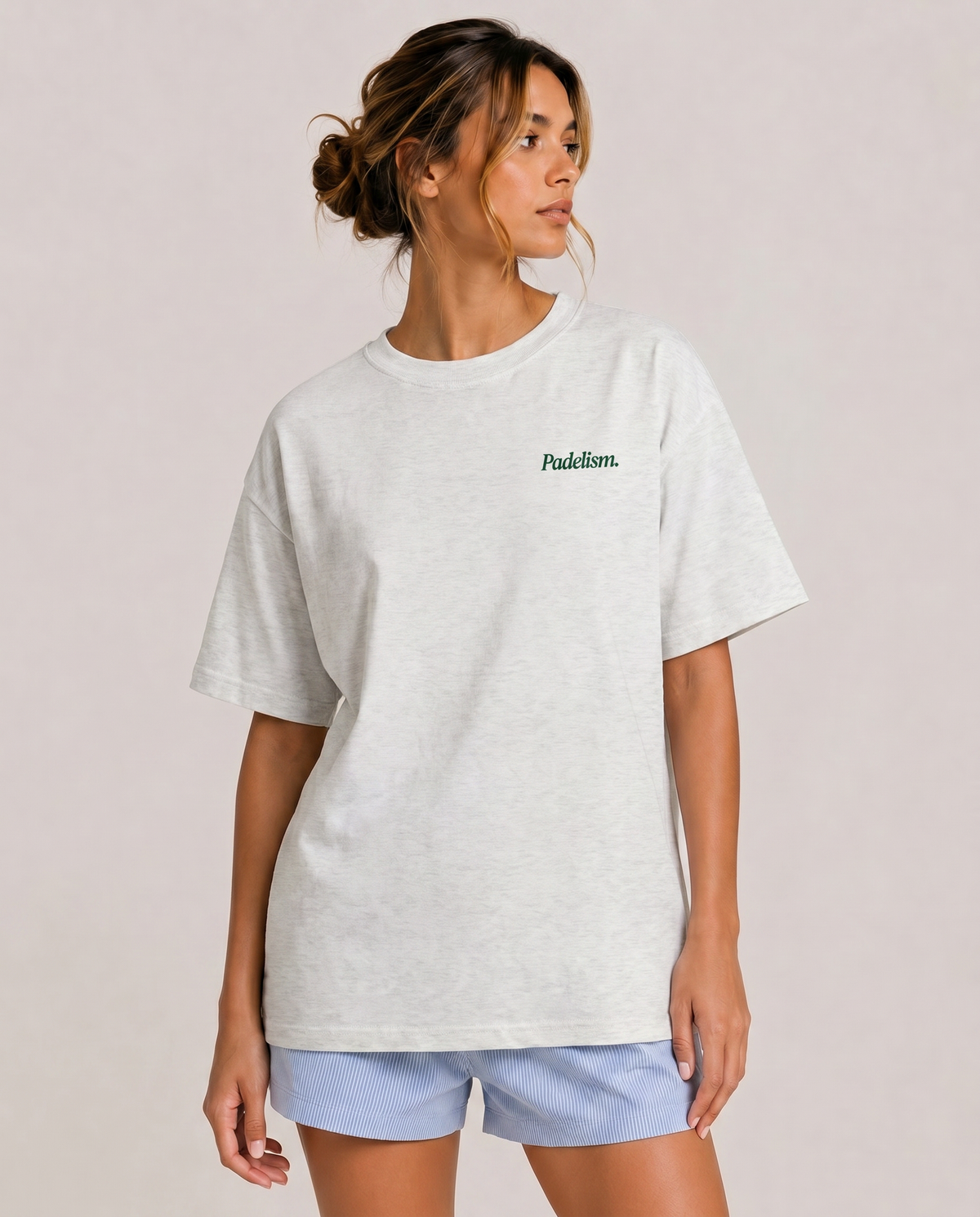 Light gray heavyweight T-shirt with crew neck and small front logo