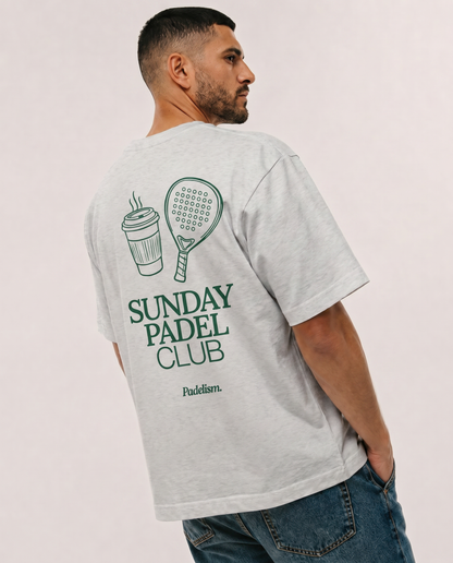 Light gray heavyweight T-shirt with crew neck and green back graphic print