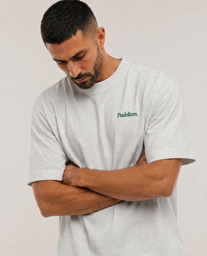 Light gray heavyweight T-shirt with crew neck and small chest logo