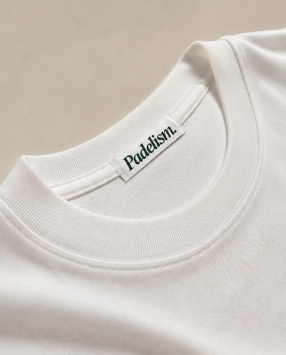 White heavyweight T-shirt with crew neck seam and woven neck brand label