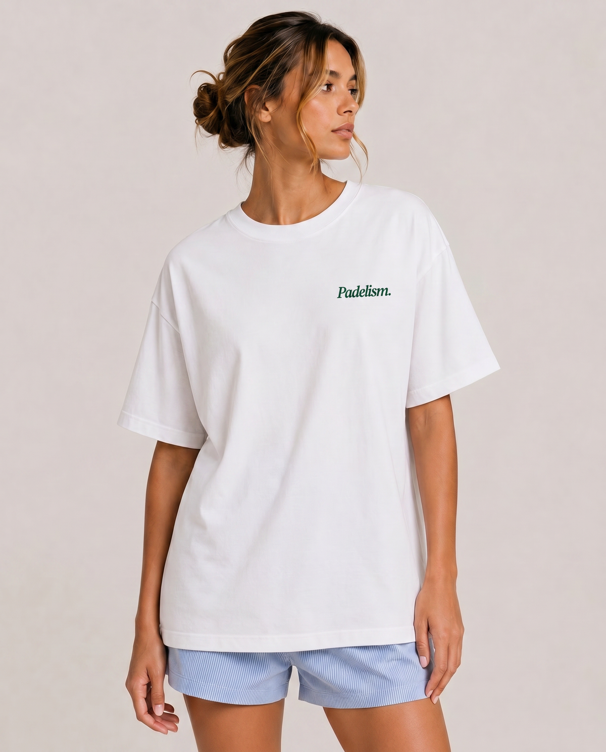 White heavyweight T-shirt with crew neck and small chest logo print