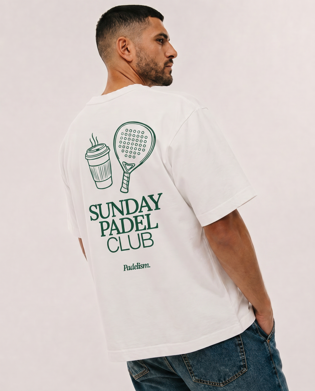 Heavyweight white t-shirt on model, crew neck, large back “Sunday Padel Club” graphic