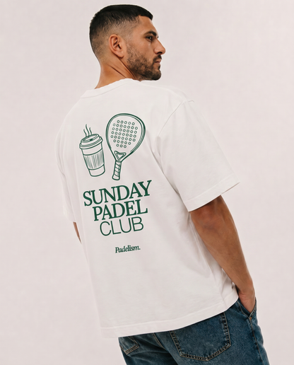 Heavyweight white t-shirt on model, crew neck, large back “Sunday Padel Club” graphic