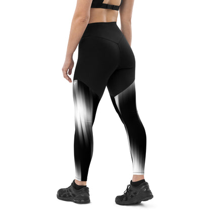 The Gymbum UK QuickDry Black and White Blurred Slash Sports Leggings - High-Waisted Workout Leggings