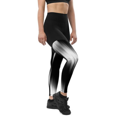 The Gymbum UK QuickDry Black and White Blurred Slash Sports Leggings - High-Waisted Workout Leggings