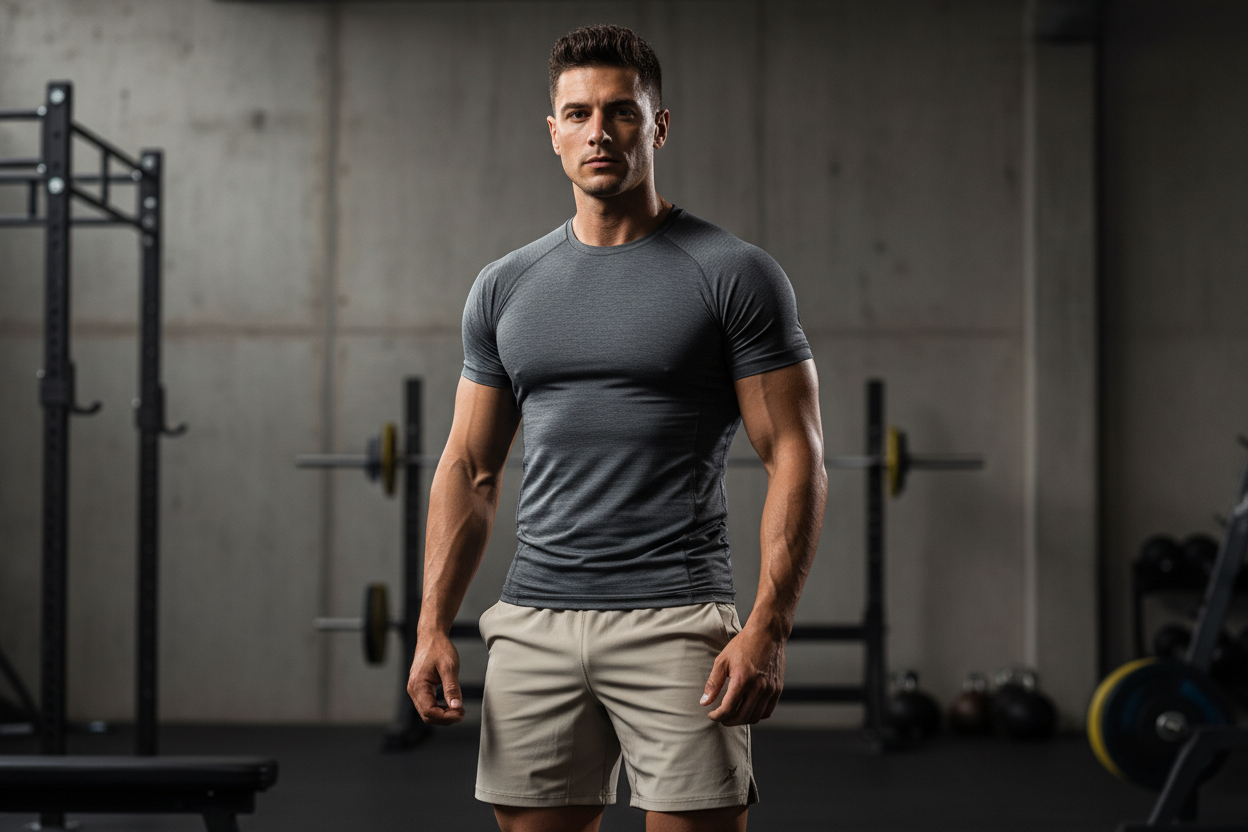 Square collection image for GymBum UK. Athletic male model (Ben reference look), wearing fitted men’s gymwear: performance tee and shorts. Industrial gym setting with crisp lighting and shallow depth of field. Strong stance, sharp detail on clothing textures. Clean, modern, no text, no logos.