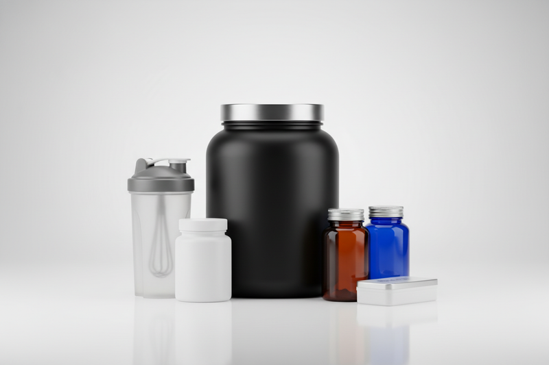Square collection image for GymBum UK. Clean, high-end product setup of protein tubs, shaker bottles, supplements, creatine, and vitamins. Bright, modern aesthetic with soft shadows and reflective highlights. Fresh, health-driven look with white or soft gradient background. Ultra-clean e-commerce style, no text, no logos.