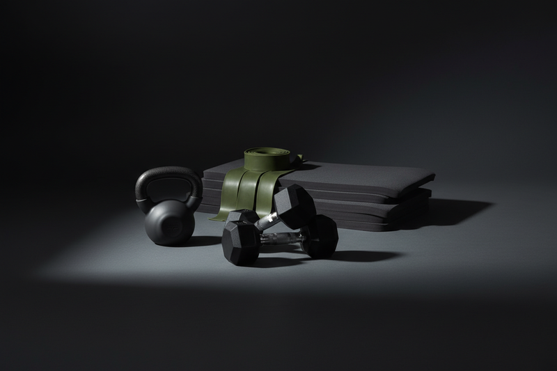 Square collection image for GymBum UK. Premium gym equipment layout: dumbbells, kettlebells, resistance bands, mats. Arranged neatly with dramatic shadows and matte textures. High-end studio background, moody cinematic lighting. Sharp, minimal, professional, no text, no logos.