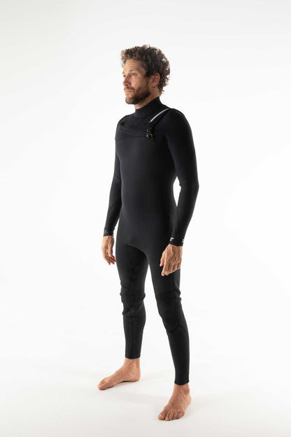Black 3/2 chest-zip wetsuit steamer, full-body view with long sleeves