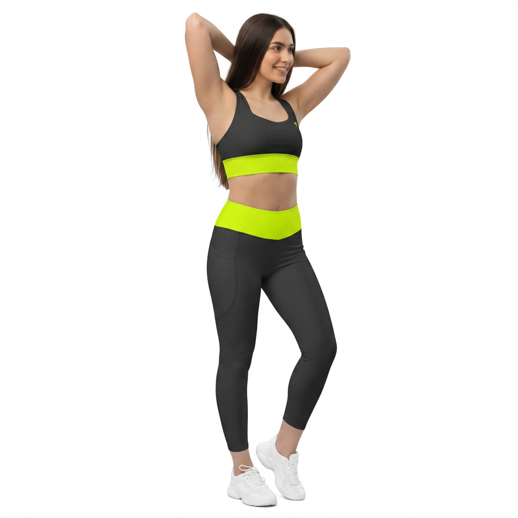 Model wearing the Luminous Surge Summit Yellow sports bra and black pocket leggings with neon yellow bands.