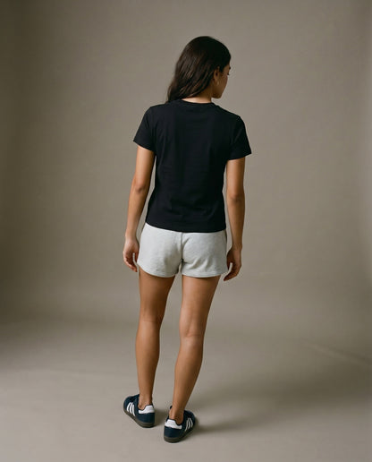 Black crewneck t-shirt, back view with no visible front graphic.