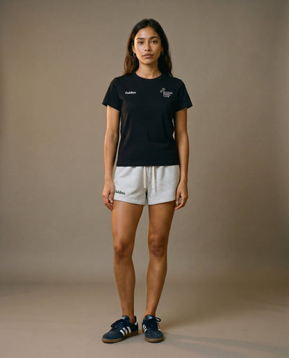 Black crewneck t-shirt with chest logo prints, front view.