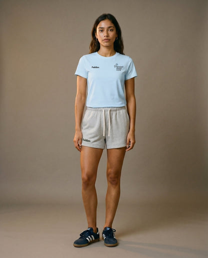 Light blue crewneck t-shirt with small chest logo prints on the front.