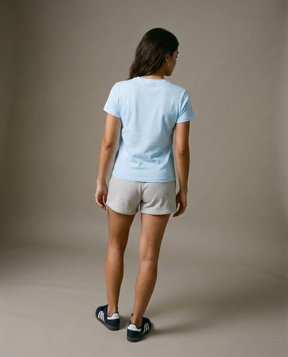 Light blue crewneck t-shirt, back view.