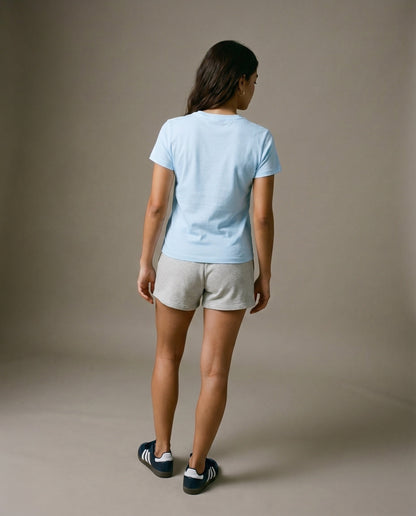 Light blue crewneck t-shirt, back view.