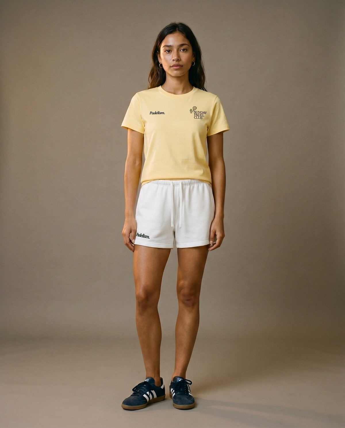 Yellow crewneck T-shirt with front Padleism and Sunday Padel Club logos