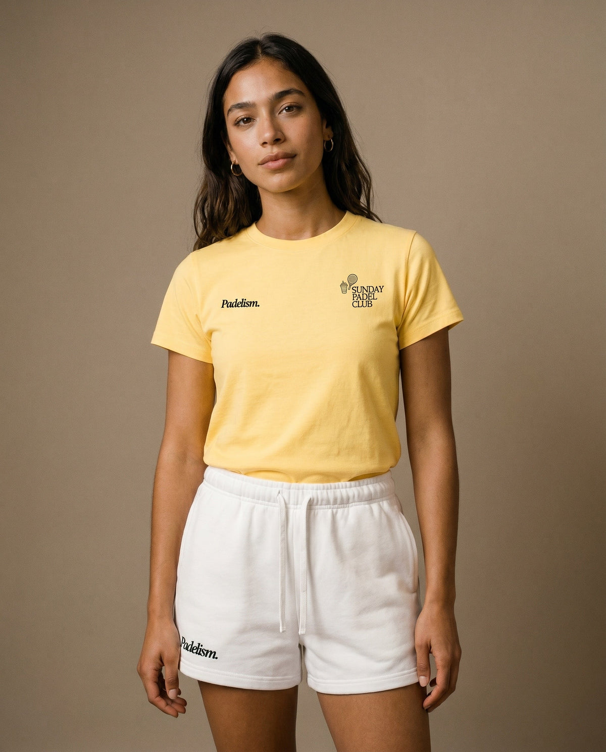 Yellow crewneck T-shirt with front Padleism and Sunday Padel Club chest logos