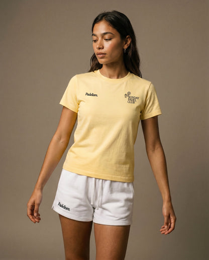Yellow crewneck T-shirt with front Padleism and Sunday Padel Club logo prints