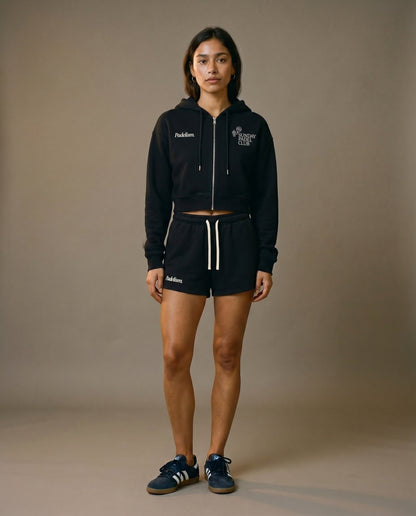 Black cropped zip-up hoodie and matching drawstring shorts set