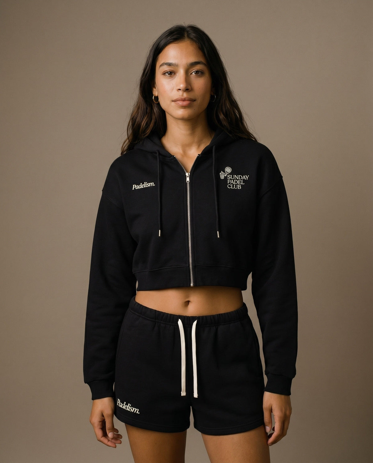 Black cropped zip-up hoodie and drawstring shorts set, front view