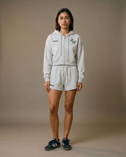 Light gray cropped zip-up hoodie and matching drawstring shorts set
